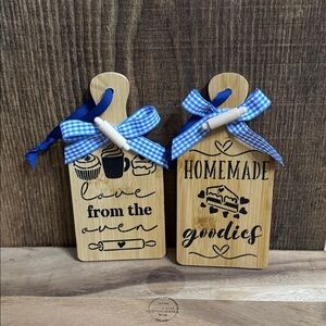 Wooden Kitchen Decor with Blue Gingham Bows Set of 2